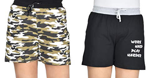 Image of Club A9 Women's Cotton Printed Shorts | Short Pants | Hot Pants (Pack of 2) (L, Brown Camo Print, Black)
