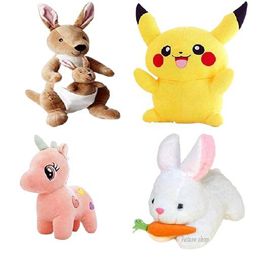 Image of Future Shop Pack of 4 Elegant Soft Toys Combo Set Kangaroo /Pikacahu /Unicorn /Rabbit Toy Animals for You - 28 cm (Multicolor)