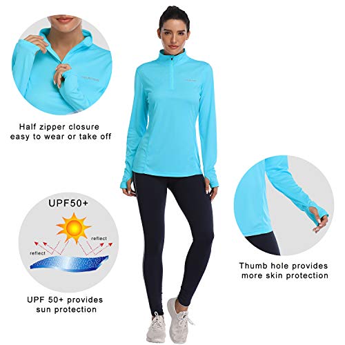 HISKYWIN Womens UPF 50+ Sun Protection Tops Long Sleeve Half-Zip Thumb Hole Outdoor Performance Workout Shirt HF806 Lake Blue M