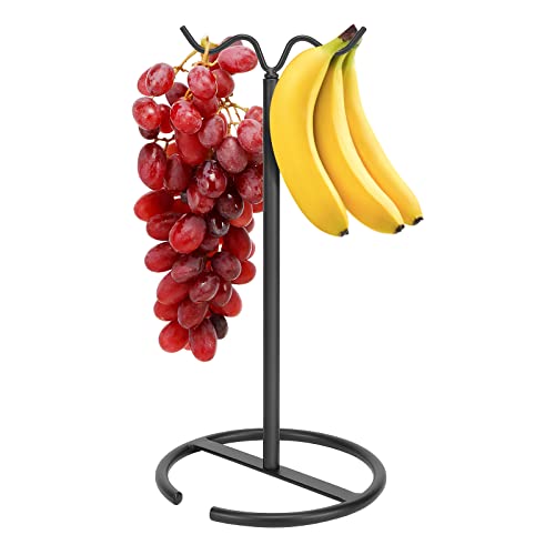 Winmien Double Hooks Standing Banana Holder, Banana Hanger Tree Stand Hook for Kitchen Countertop, Sturdy and Balanced Fruit Shelves with Storage on Both Sides.(Black)