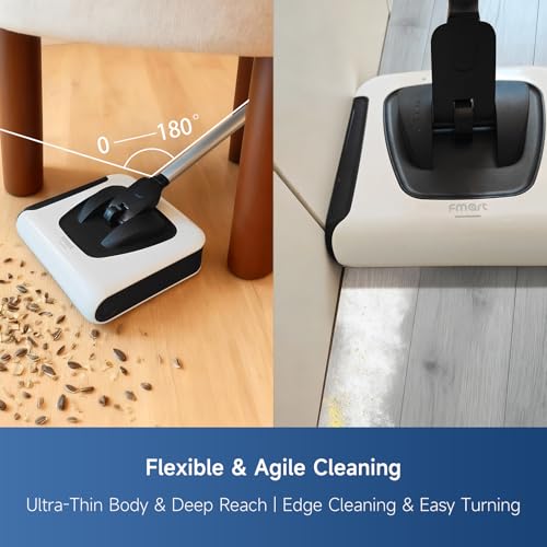 FMART FM-009 Cordless Electric Floor Sweeper — Lightweight One-Hand Operation with Flexible Handle, Quiet Design, Powerful High-Speed Edge Brush, for Hard Floors, Corners & Low-Pile Carpets