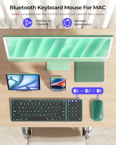 Image of seenda SKM64-2 Bluetooth Wireless Keyboard Mouse Combo for Mac MacBook iPad | Triple Bluetooth for 3-Device Switching, Silent, Rechargeable, Compact Slim Combo for MacBook Pro /Air iPhone, Black Green