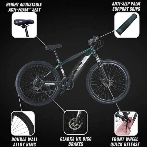 Image of FitTrip Dominator 27.5 T Unisex MTB | 21 SPD Shimano Gear Cycle for Boys | Zoom Alloy Lockout Suspension | Imported Clarks UK Dual Disk Brakes | Unisex Stunt MTB Cycle (British Racing Green)