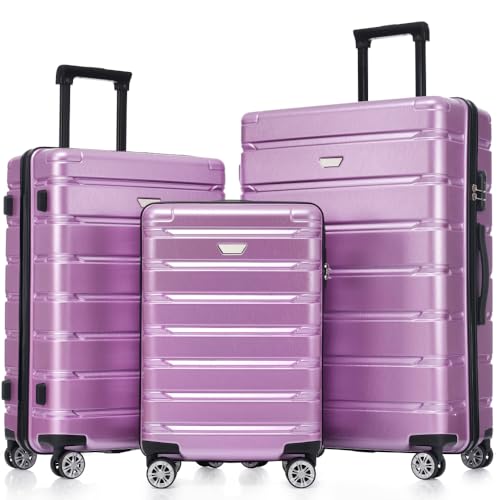 Hardshell Luggage Set 3 Piece, Durable ABS+PC Travel Suitcase with Spinner Wheels (20/24/28 Inch) (Purple)