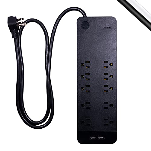 GE 10 Outlet Surge Protector, 2 USB Charging Ports, 4 Foot Cord, Flat Plug, Wall Mount, Black, 37746