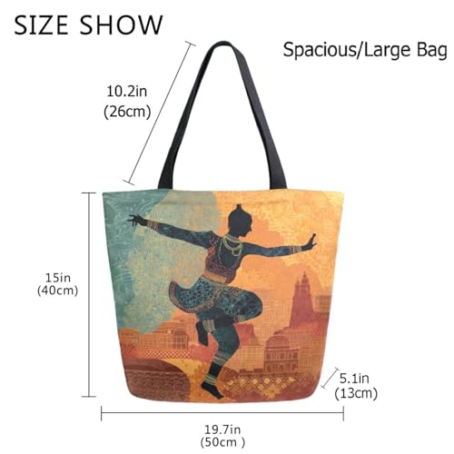 Indian Ethnic Dancing Man Extra Large Canvas Gym Shoulder Tote,Durable Daily Reusable Top Handle Bag for Mens Womens Yoga Weekender Picnic Beach Travel Market Shopping3