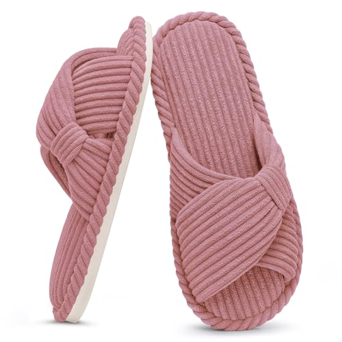 Image of Evshine Summer House Slippers for Women Corduroy Cross Bow Indoor Slippers Open Toe Slip On Bedroom Shoes with Memory Foam