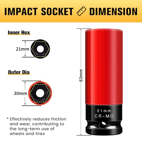 Image of BOEN 21mm 1 /2 inch Drive Wheel Protector Impact Socket, Non-Marring Lug Nut Thin Wall Deep Socket Set, Chrome-Molybdenum Steel, 6 Point, Color-Coded Protective Socket (Pack of 2)
