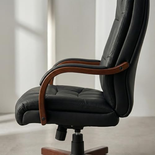 Image of Lakdi The Furniture Wooden Executive Chair for Office - High Back Leatherette Director Boss Chair with Solid Wood Base, Wooden Polish & Adjustable Height - 111011296 Black