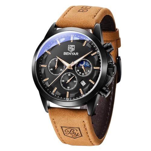 Image of BENYAR Men's Watches Chronograph Watch for Men Multifunction Black Waterproof Sport Fashion Quartz Wristwatches Calendar with Stainless Steel Strap