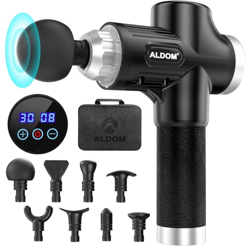 ALDOM Massage Gun Deep Tissue Muscle Massager, 8 Heads & LCD Screen,4800rpm & 30 Adjustable Speeds Professional Handheld Percussion Massager for Relieve Muscle Pain Stiffness-Black Silver