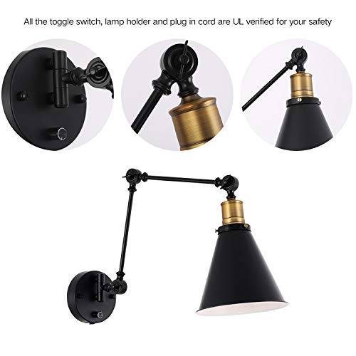 Larkar Dimmable 2 Lights Industrial Wall Sconce With On/Off Switch, Edison Vintage Style Swing Arm Wall Lamp Bronze Head,Black Lampshade, Plug-In/Hardwire, Lobby, Hallway, Kitchen, Dining Room, Restau #TOP2