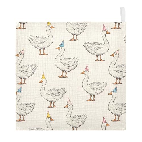 Image of vvfelixl Goose with Birthday Hat Baby Burp Cloths Baby Muslin Washcloths for Boys Girls Cotton Babys Face Towel for Newborn Infants Soft and Absorbent 11.8 X 11.8 in, 5 Pack