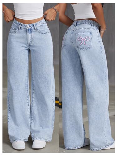 Floerns Women's Bowknot Embroidery Jeans Y2k Straight Leg Boyfriend Denim Pants3