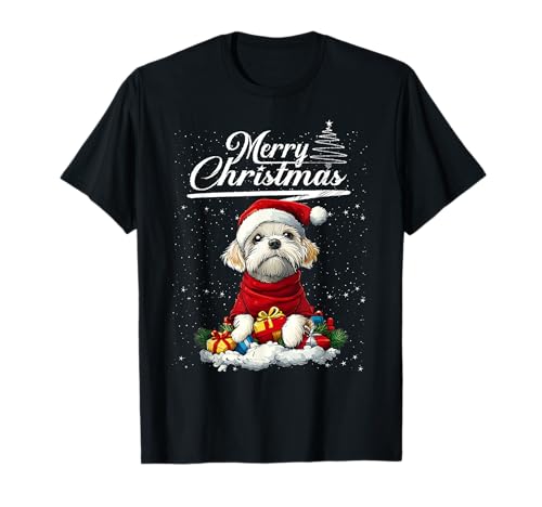 Merry Christmas Maltese Santa Hat Dog Lovers Xmas Maglietta
