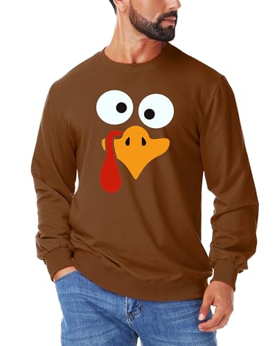 Arankhiger Mens Thanksgiving Tshirts Silly Turkey Face Brown Long Sleeve Family Thankful Party Fun Casual Shirt 2XL