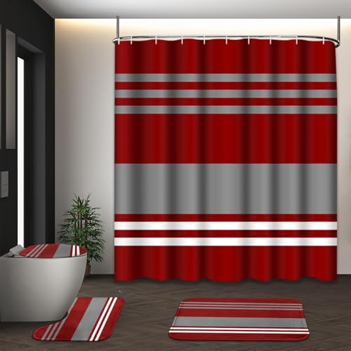 Tayney Red Burgundy Stripes Shower Curtain Set with Toilet Lid Cover and Non-Slip Rugs for Bathroom, Modern Grey Lines 4 Pcs Shower Curtain, Vintage Abstract Beautiful Bathroom Set with 12 Hooks