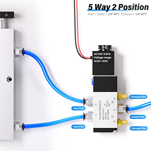 Image of TAILONZ 3 /8 inchNPT 110V 4V310-10 Solenoid Valve 2-Position 5-Way Outlet wire | Aluminum,Pilot-Operated Electric Valve with Single Coil,for Controlling Air,Water and Other in Industrial Automation Systems