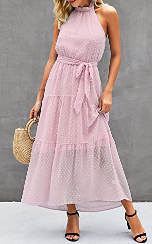 Image of PRETTYGARDEN Women's Halter Neck Floral Long Maxi Dress Casual Sleeveless Backless Dresses Loose Ruffle Sundress with Belt