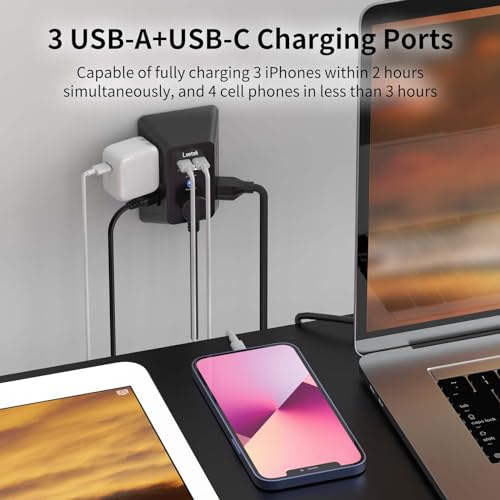 Surge Protector Outlet with 5-Multi Plug Outlet and 4 USB Ports (1 USB C), 3-Sided 1680J Power Strip Wall Charger for Home, Travel, Office - ETL Listed, Black