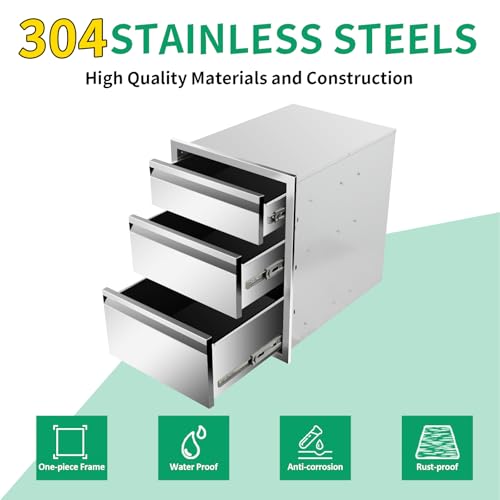 Image of Outdoor Kitchen Drawers 20 inch W x 27 inch H x 23 inch D Stainless Steel Triple Drawers with Hidden Handle for BBQ Island, Patio Grill Station & Outdoor Kitchen Cabinets