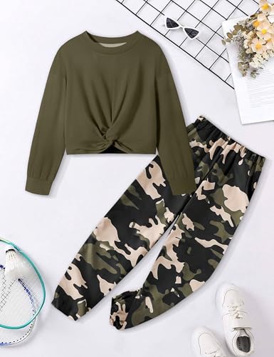 Image of NECIOUS Girls Fall Outfits 2 Piece Fashion Twist Front Pullover Sweatshirt and Camo Pants Clothing Sets 5-14Y