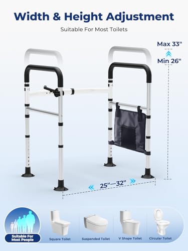 Image of WHLICKS Toilet Safety Rails, Height & Width Adjustable Detachable Toilet Safety Frame for Seniors, Elderly & Disabled, Foldable Handicap Toilet Rails with Handles Storage Bag, Tissue Holder (350LB)
