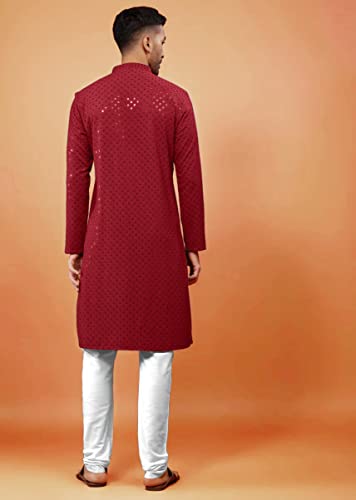 Image of Men's Rayon Blend Lucknowi Sequence Kurta Pyjama (Chickankari)