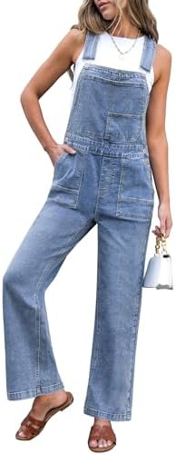 luvamia Jean Overalls for Women Straight Wide Leg Baggy Stretchy Denim Bib Adjustable Strap Casual Jumpsuit Loose Fit