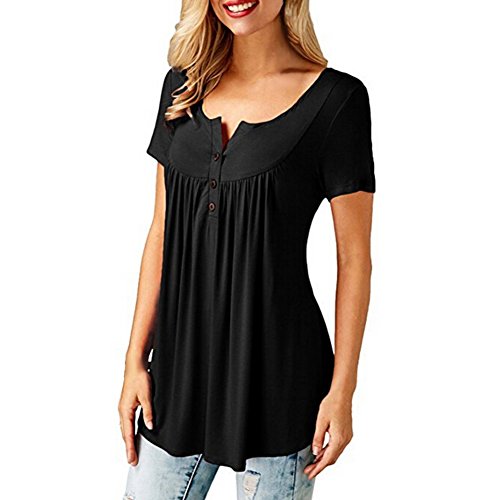 EFINNY Blusa feminina de manga curta, caimento solto, bainha flare, túnica com botões, Preto, M