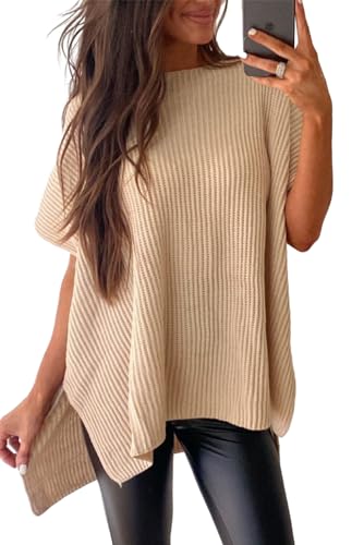 Versatile Tunic-Length Sweater in Apricot with Side Slits Detail,Apricot,(US 8-10) M