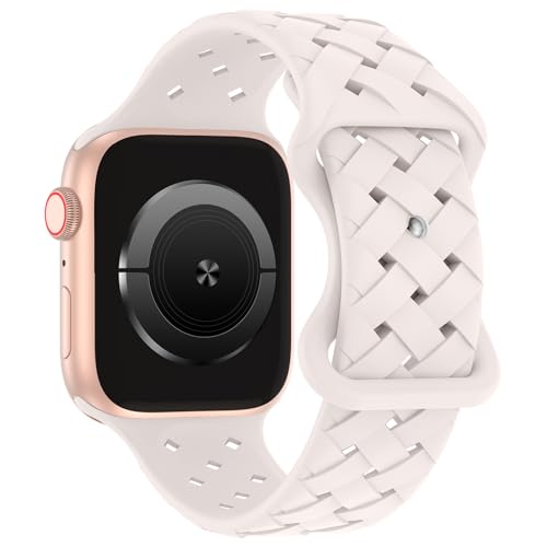 Image of Silicone Braided Weave Bands Compatible with Apple Watch 38mm 40mm 41mm 42mm 44mm 46mm 45mm 49mm, Replacement Sport Breathable Strap for iWatch Series 11 /10 /9 /8 /7 /6 /5 /4 /3 /2 /1 Ultra SE Women Men, Light Blush