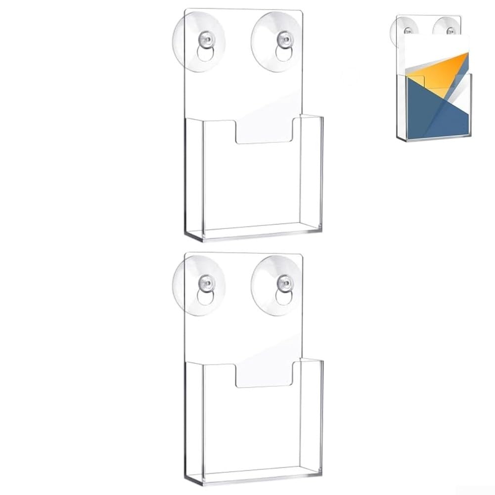 Wall-Mounted Acrylic Brochure Holder with Suction Cups, Clear Plastic Pamphlet Organizer for Window, 7.4 x 4.2 Inch Flyer Display Rack for Office Hotel Shop, 2 Pack