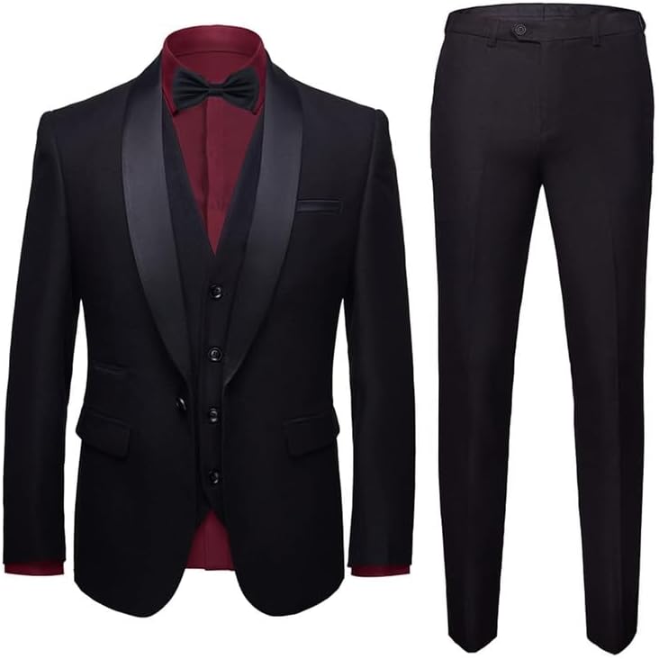 Men's 3 Piece Suit Set One Button Satin Shawl Lapel Jacket Vest & Pants Set Regular Fit Tuxedo with Bow Tie