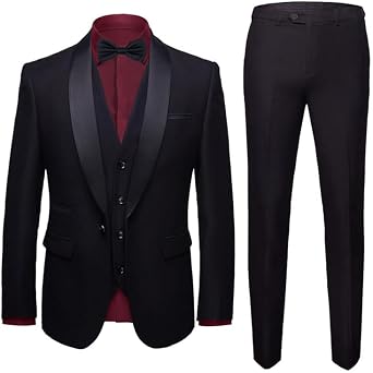 Mens 3 Piece Suit Set One Button Satin Shawl Lapel Jacket Vest & Pants Set Regular Fit Tuxedo with Bow Tie
