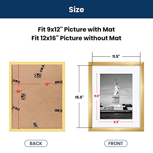 Enjoybasics 12X16 Picture Frame, Display Poster 9X12 With Mat Or 12 X 16 Without Mat, Wall Gallery Photo Frames, Gold, 2 Pack #TOP1