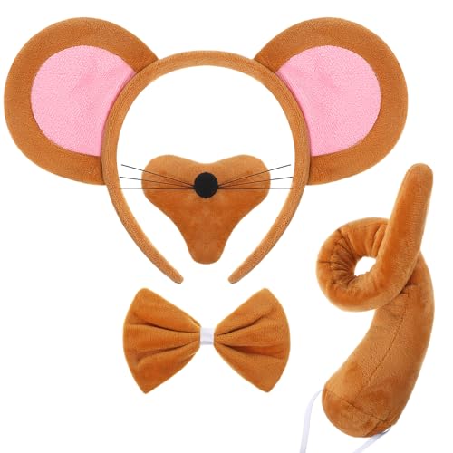 HICARER Tierk Kostüm Set Maus Nase Schwanz und Fliege Maus Kostüm Zubehör für Kinder Karneval Cosplay Welttag des Buches (Braun)