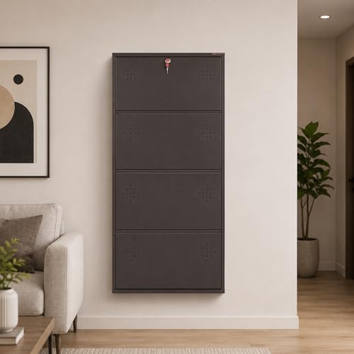 Image of 4 Door Wall Mounted Metal Shoe Rack Cabinet, Brown, 52x26x6 Inch