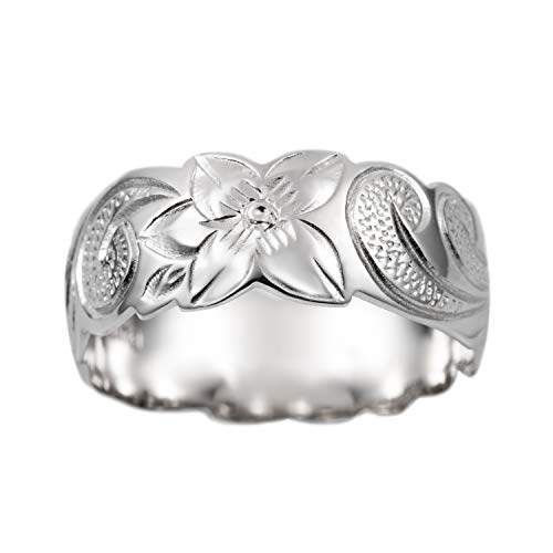 Aloha Jewelry Company 925 Sterling Silver 8mm Hawaiian Princess Plumeria Flower Scroll Promise Ring Stackable Wedding Engagement Band, Nickel Free Hypoallergenic for Sensitive Skin, Gift Box Included