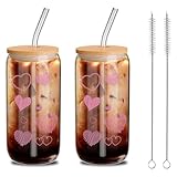 Yetene 2 Pcs Hearts Glass Cup Set, 16 oz Valentine Tumbler Glasses with Bamboo Lids and Straws Can Shaped Iced Coffee Cups Clear Glass Cups Drinking Jars for Couple Lover Birthday Gifts(Pink)