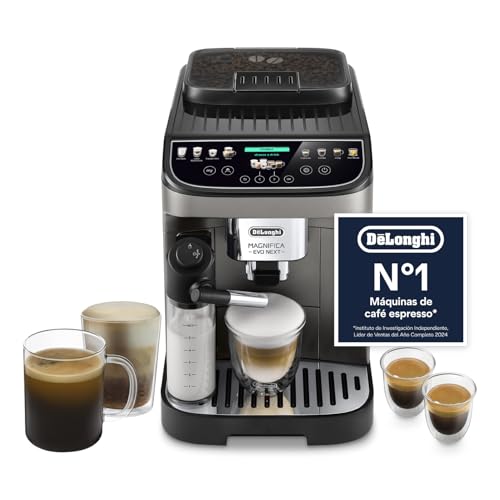 De’Longhi Magnifica Evo Next – Perfetto Cafetera Superautomática, LatteCrema Jarra de leche automática, 13 Bebidas One-Touch, Pantalla Táctil a Color, Titanio y Negro (ECAM312.80.TB)