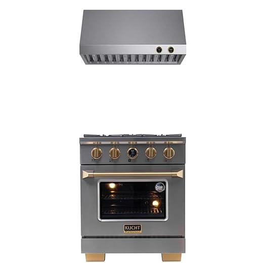 Pemberly Row 30" Dual Fuel Range, 4.2 cu. ft. Propane Gas Oven & Pro-Style Wall Mount Range Hood, Stainless Steel Finish, Gold Accents, 4 Burners, Digital Dial Controls, Kitchen Cooking Ventilation
