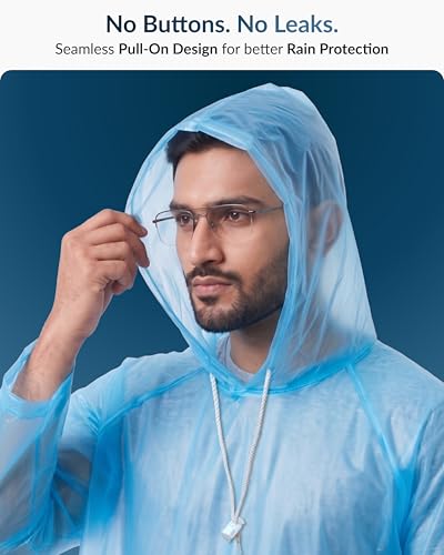 Image of Destinio Poncho for Men, Poncho for Women-Thick Waterproof PVC, Rain Coat, Reusable - Transparent Pocket Raincoat with Hood, Full Cover for Bag in Travel, Trekking, Bike Riders