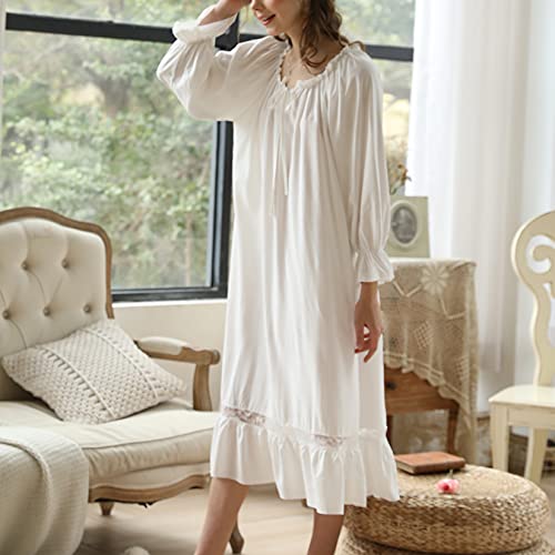 Lu's Chic Women's Victorian Nightgown Long Sleeve Sleepwear Loungewear Cotton Princess Cute Vintage Chemise Soft Lace Pajama Dress Night Nightwear Dainty Luxury White Medium #TOP4