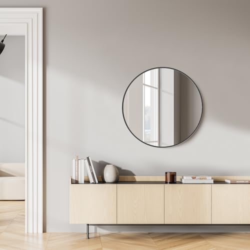 Image of Sweetcrispy 24 Inch Round Wall Mirror with Tempered Glass, Bathroom Mirror Over Sink, Anti-Fog & Waterproof Round Mirror for Bathroom, Entryway, Bedroom, Shatterproof Design, Black