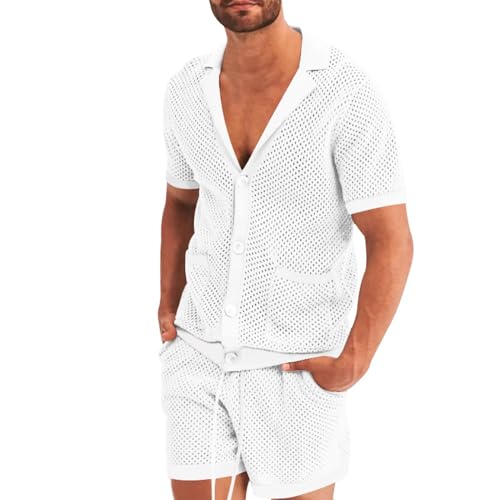 Munweiyu Conjunto de chándal para hombre, conjunto de pijama transparente, pijama de malla transparente, ropa de dormir corta, sexy, con botones, playa, 2 piezas, ropa de dormir de verano, Blanco, M