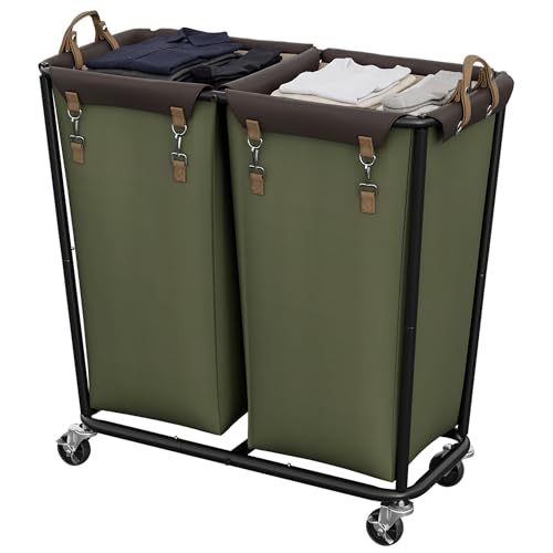 Image of StorageWorks 2 Section Laundry Hamper, 330L Extra Large Green Rolling Cart | 2 Section Laundry Hamper with Wheels, Green Rolling Sorter Cart for Bathroom, Hotel