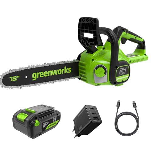 Greenworks GD24CS30K4 Cordless Chainsaw with Brushless Motor, 30cm Bar Length, 7.8m/s Chain Speed, Auto-Oiler, Kickback Protection, 24V 4Ah Battery & Charger, 3 Year Guarantee option