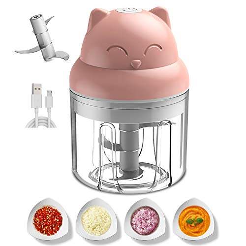Mini Food Processor, Mini Veggie Chopper, Rechargeable Pepper Blender, Wireless Small Food Processor, Powerful Garlic Mincer for Garlic/Chili/Vegetables/Onions/Pepper/Ginger/Meat, 250ML (Pink)