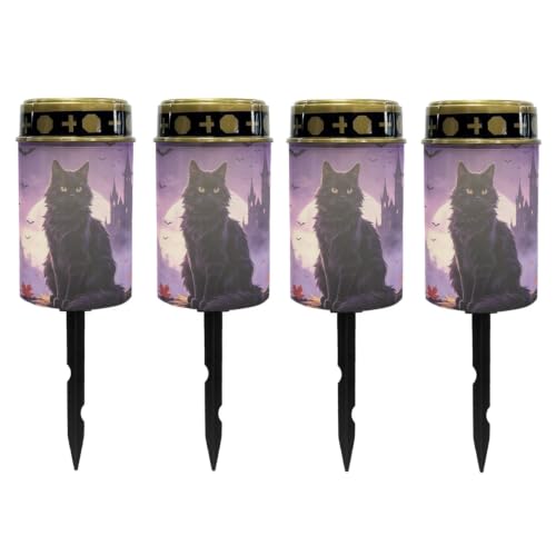 Image of Poceacles Solar Lights Outdoor Waterproof Cemetery Solar Outdoor Candle Grave Decoration Votive Candles Blessed Lights for Loss of Loves One, Black Cat Maple Leaf Bat Print Violet, Pack of 4